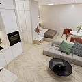 Modern Apartment Interior With Open Layout Sofa TV Bed And Kitchen Cabinets
