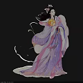 Traditional Chinese Female Portrait Painting With Flowing Purple Pink Starry Robe Long Hair Holding Moon