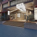 Modern Cantonese Restaurant Storefront With Signage Steps And Pedestrians