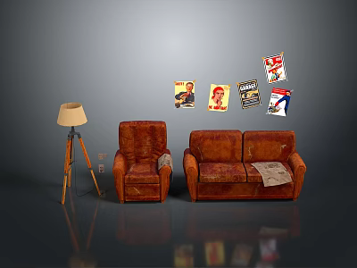 Brown Leather Sofas With Single And Double Seats Floor Lamp And Posters On Gray Wall 3d model