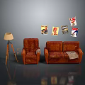 Brown Leather Sofas With Single And Double Seats Floor Lamp And Posters On Gray Wall
