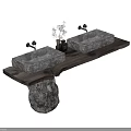 Double Stone Washbasins On Wooden Countertop With Stone Base And Flower Vase