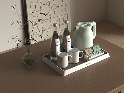Elegant Tea Set With Light Green Teapot White Mugs And Tray On Wooden Table 3d model