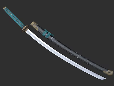 Ornate Traditional Samurai Sword With Green Handle Black Scabbard Silver Blade And Metal Fittings 3d model
