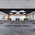 Modern Conference Room Interior With Arranged Tables Chairs Large Screen And Geometric Lights