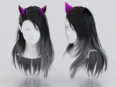 Decorative Ornament Set With Mannequin Heads Black Gradient Hair And Purple Cat Ears 3d model