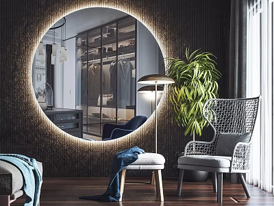 Rattan Accent Chair With Gray Cushion Near Green Plant And Circular Mirror On Wooden Floor 3d model
