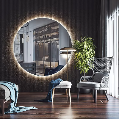Rattan Accent Chair With Gray Cushion Near Green Plant And Circular Mirror On Wooden Floor 3d model