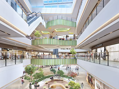 Bright Shopping Mall Atrium With Multi Level Floors Escalators Green Plants And Shoppers 3d model