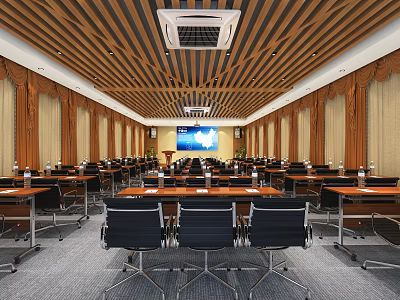 Spacious Modern Conference Room Interior With Wooden Ceiling Projection Screen And Tables 3d model