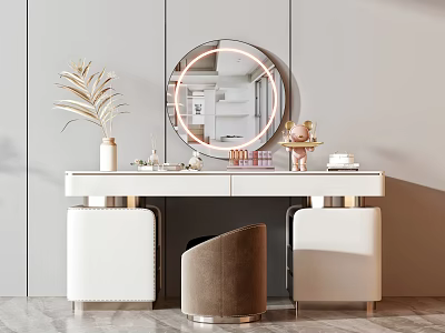 Stylish White Dressing Table With Round LED Mirror Potted Plant And Brown Stool 3d model