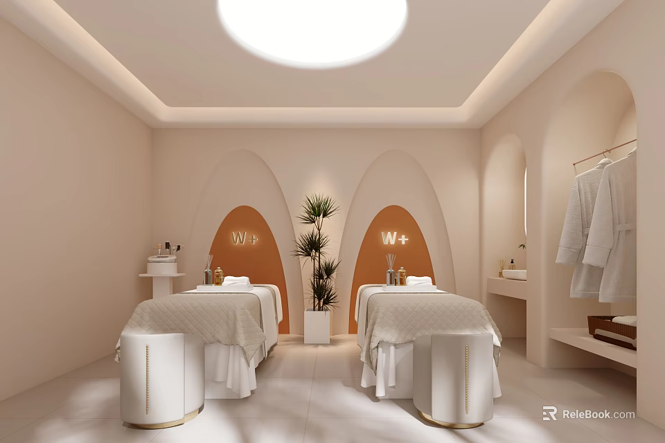 Modern Beauty Salon Interior With Treatment Beds White Linens Arched Design And WAVE Signage 3d model 