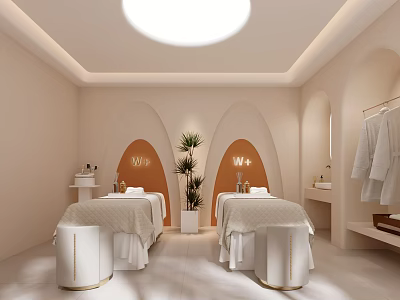Modern Beauty Salon Interior With Treatment Beds White Linens Arched Design And WAVE Signage 3d model