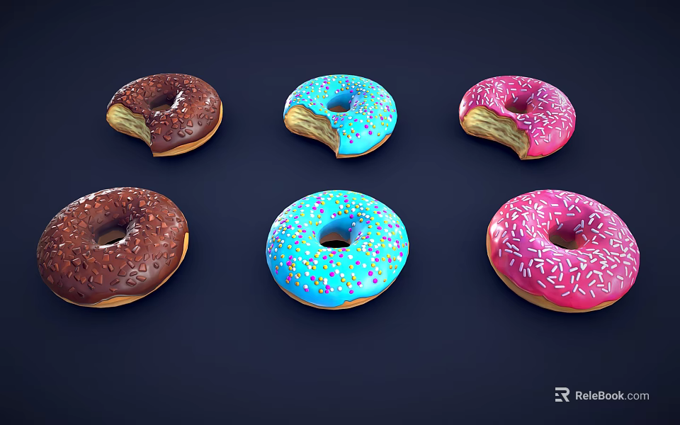 Colorful Glazed Donuts With Sprinkles Including Bitten Ones In Chocolate Blue Pink 3d model 