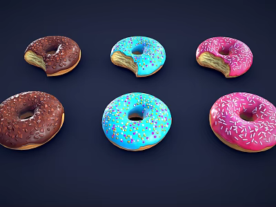Colorful Glazed Donuts With Sprinkles Including Bitten Ones In Chocolate Blue Pink 3d model