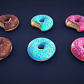 Colorful Glazed Donuts With Sprinkles Including Bitten Ones In Chocolate Blue Pink