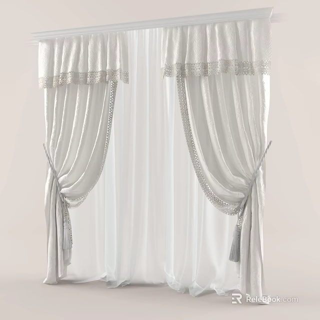 Elegant White Curtains With Decorative Trim Tassels And Sheer Layers Design 3d model 