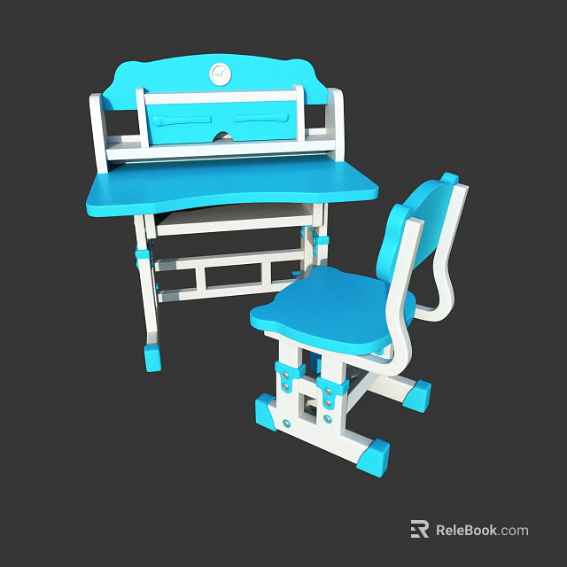 Blue Children's Study Desk And Matching Chair Set With Simple Design 3d model 