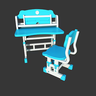 Blue Children's Study Desk And Matching Chair Set With Simple Design 3d model