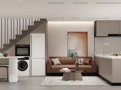 Modern Apartment Interior Design With Staircase White Appliances Brown Sofa Wall Art And Kitchen 3d model