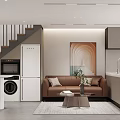 Modern Apartment Interior Design With Staircase White Appliances Brown Sofa Wall Art And Kitchen