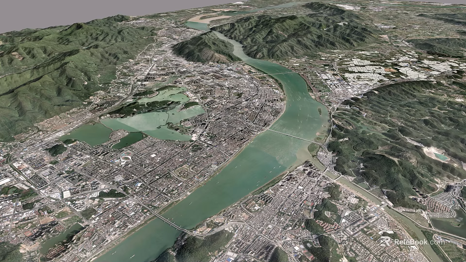Aerial Planning of Urban Area with River Flowing Through Surrounded by Mountains and Green Spaces 3d model 