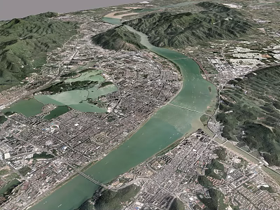Aerial Planning of Urban Area with River Flowing Through Surrounded by Mountains and Green Spaces 3d model