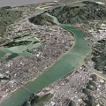 Aerial Planning of Urban Area with River Flowing Through Surrounded by Mountains and Green Spaces