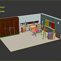 Cartoon Hospital Room Scene With Brown Wardrobe Bed Blue Chair Window And Clock