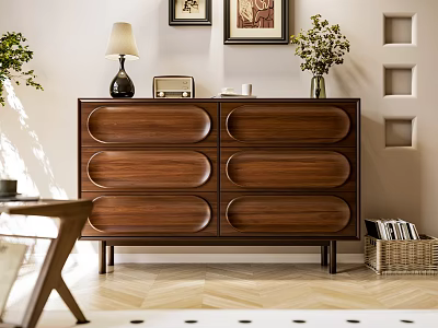 Wooden Chest of Drawers with Arched Fronts Table Lamp Framed Art and Flower Vase 3d model