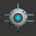 Futuristic Sci-Fi Robot Design With White Spherical Body Blue Glowing Center And Curved Appendages