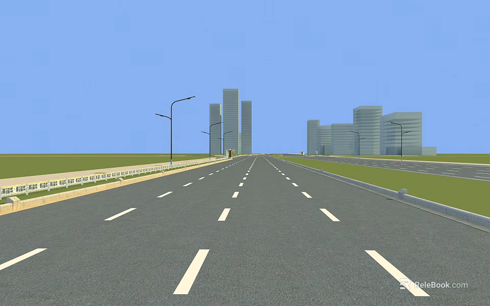 Modern Urban Road Infrastructure with White Dashed Lines Street Lamps Tall Buildings and Green Grass 3d model 
