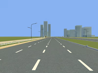 Modern Urban Road Infrastructure with White Dashed Lines Street Lamps Tall Buildings and Green Grass 3d model