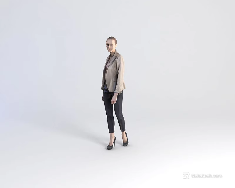 Fashion Model In Light Jacket Black Pants Heels Standing On Grey Studio Background 3d model 