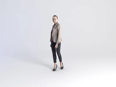 Fashion Model In Light Jacket Black Pants Heels Standing On Grey Studio Background 3d model
