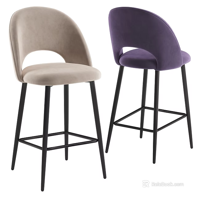 Beige And Purple Velvet Bar Stools With Curved Backrest And Black Metal Legs 3d model 