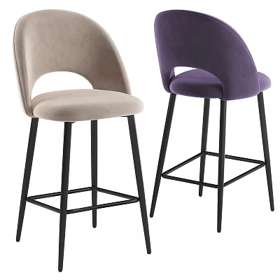 Beige And Purple Velvet Bar Stools With Curved Backrest And Black Metal Legs 3d model