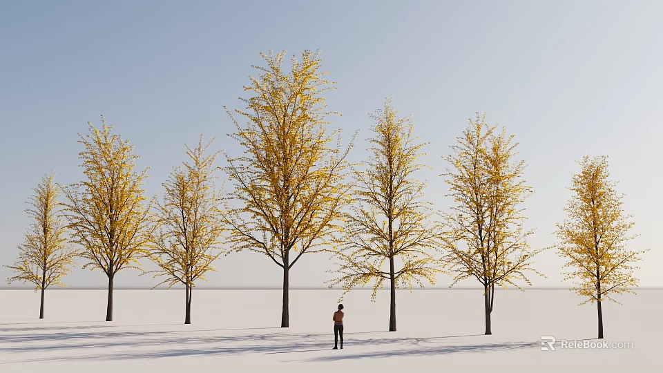Golden Leaf Arbor Trees With Person Standing Under Blue Sky And Snowy Ground 3d model 