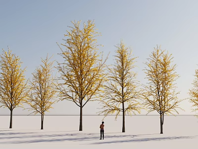 Golden Leaf Arbor Trees With Person Standing Under Blue Sky And Snowy Ground 3d model