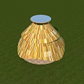 Dome Shaped Structure With Yellow Striped Surface And Blue Circular Top On Green Grass Field