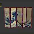 Traditional Japanese Folding Screen With Great Wave off Kanagawa Pattern And Wooden Frame