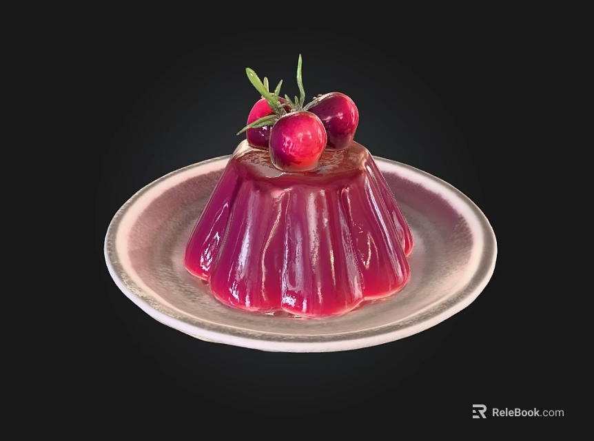Red Jelly Dessert On White Plate Topped With Fresh Cherries And Green Herbs 3d model 