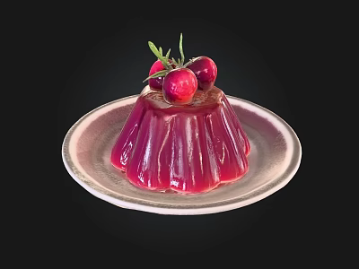 Red Jelly Dessert On White Plate Topped With Fresh Cherries And Green Herbs 3d model