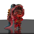 Cartoon Style Game Character In Red Outfit With Dragon Elements Cheerful Expression And Gold Patterns
