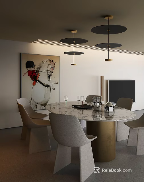 Modern Restaurant Dining Area With Round Marble Table Chairs Pendant Lights And Wall Art 3d model 