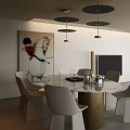 Modern Restaurant Dining Area With Round Marble Table Chairs Pendant Lights And Wall Art