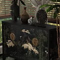 Traditional Indoor Chest of Drawers with Crane Patterns Decorative Vases and Large Plant