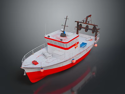 Red and White Boat With Upper Cabin Deck Railings and Winch Equipment 3d model