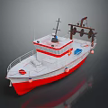 Red and White Boat With Upper Cabin Deck Railings and Winch Equipment