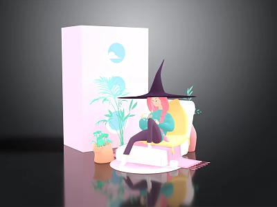 Witch Hat Girl On Pink Chair With Pink Box Moon Plant Pattern And Green Plants 3d model